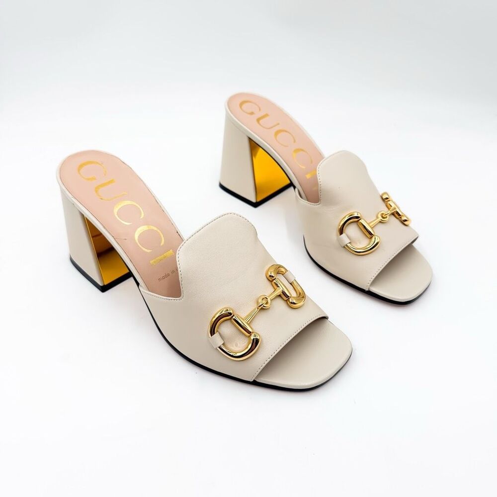Gucci Baby Horsebit Sandals White Leather Mules Block Heel EU 40 US 10 - Picture 2 of 14